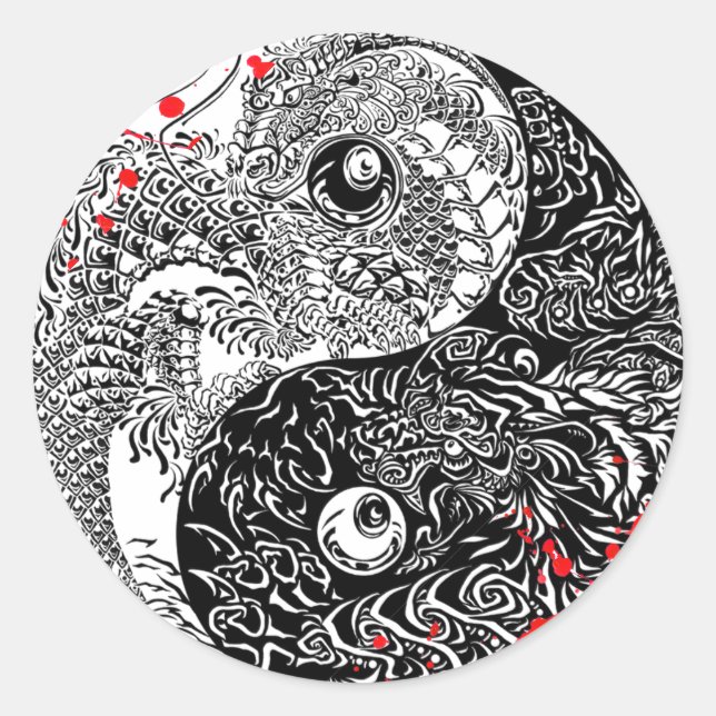 Adesivo Redondo Arte de tatuagem Yin Yang Drgones, legal sangue (Frente)