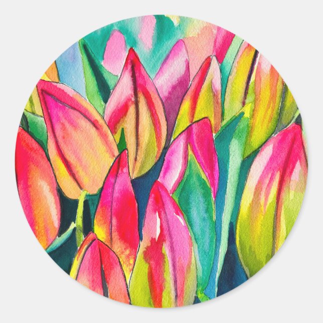 Adesivo Redondo Arte de tulipas de aquarela rosa (Frente)