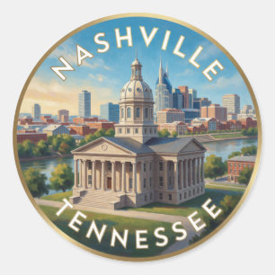 Adesivo Redondo Arte de Viagem Cidade da Música Nashville Tennesse