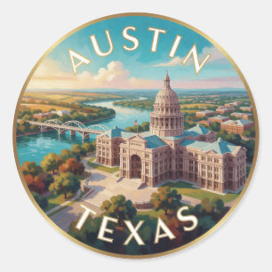 Adesivo Redondo Arte de Viagem do Capitólio da Skyline de Austin T