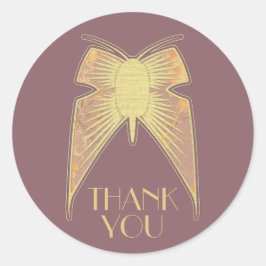 Adesivo Redondo Arte Deco Borboleta Rosa Dourada "Obrigado"