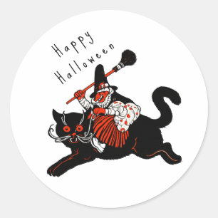 Adesivo Redondo Arte Deco de bruxa de gato preto do Halloween dos