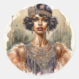 Adesivo Redondo Arte Deco Flapper Afro-Americana