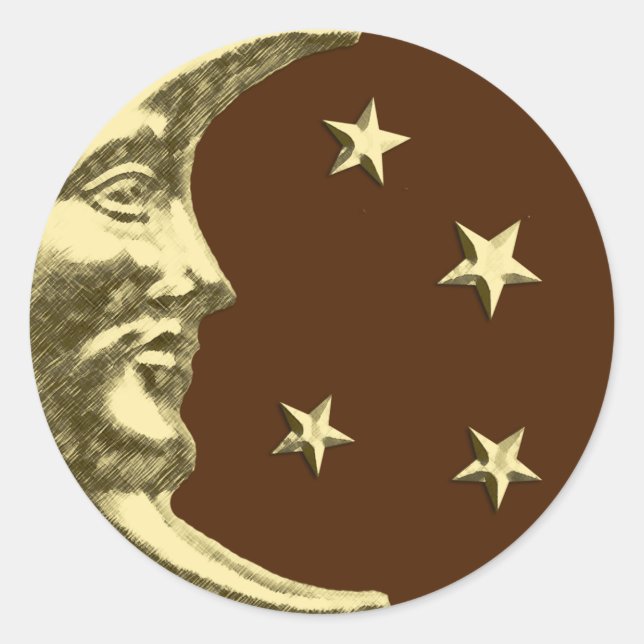 Adesivo Redondo Arte Deco Lua e Estrelas - Castanho e Dourado (Frente)