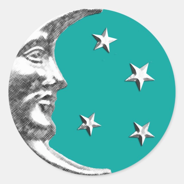 Adesivo Redondo Arte Deco Moon e Estrelas - Turquesa e Prata (Frente)