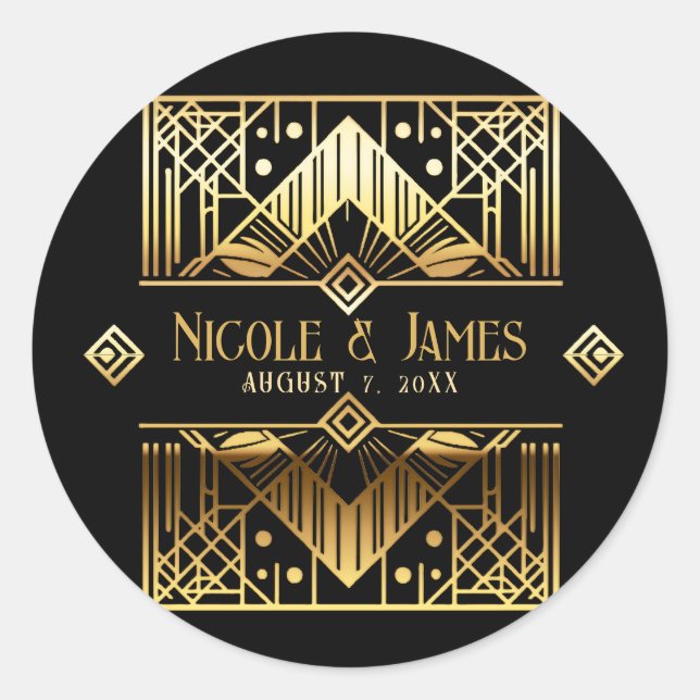 Adesivo Redondo Arte Deco Preto e Dourado Agradecimento de Casamen (Frente)