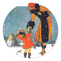 Arte Deco Vintage de Inverno Mãe e Filho na Neve
