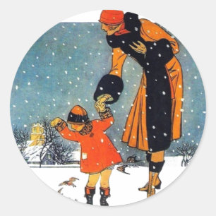Adesivo Redondo Arte Deco Vintage de Inverno Mãe e Filho na Neve