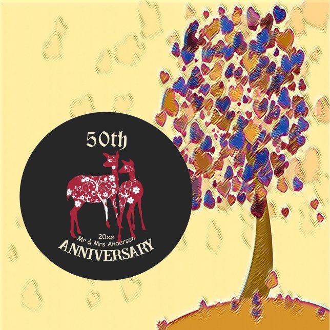 Adesivo Redondo Arte Decorativa do Casal Reindeer, 50 anos (50th Anniversary Reindeer Couple Decorative Art Classic Round Sticker)