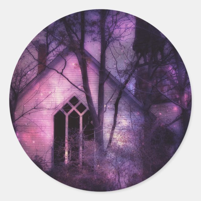 Adesivo Redondo Arte Digital Purple Night Sky, Abandonada da Igrej (Frente)