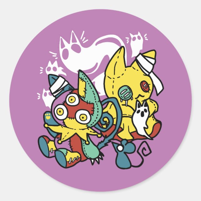 Adesivo Redondo Arte do Dia das Bruxas de Gatos Cerrantes: Assusta (Frente)