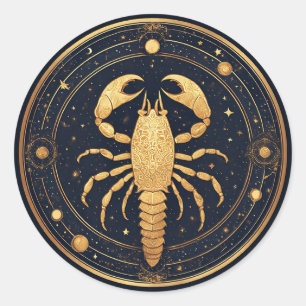 Adesivo Redondo Arte do Escorpião Dourado com Símbolos Astrológico