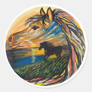 Adesivo Redondo Arte do pôr do sol do cavalo selvagem - Obra de ar