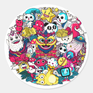 Adesivo Redondo Arte Doodle Japonesa