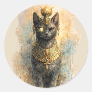 Adesivo Redondo Arte em Aquarela da Gata Deusa Bastet do Antigo Eg