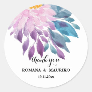 Adesivo Redondo Arte em Aquarela de Dália Rosa Azul Elegante
