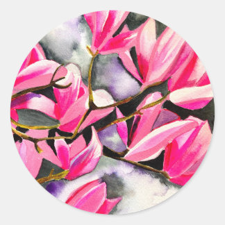 Adesivo Redondo Arte em aquarela de magnólia rosa