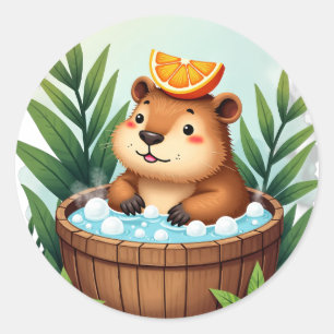 Adesivo Redondo Arte em Aquarela de Relaxamento da Capivara na Ban