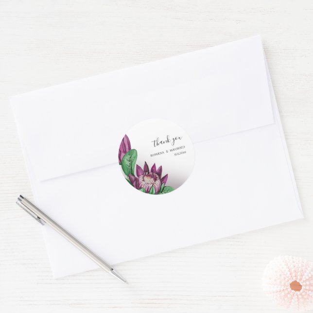 Adesivo Redondo Arte em Aquarela Deeep Purple King Protea (Envelope)
