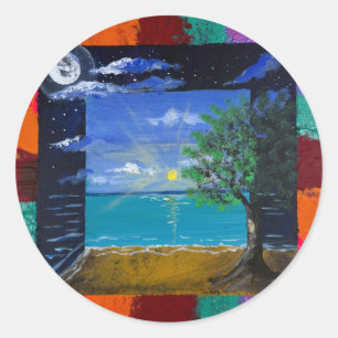 Adesivo Redondo Arte feita à mão - Dia e Noite