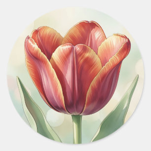 Adesivo Redondo Arte Floral de Tulipa Vermelha Vibrante