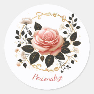 Adesivo Redondo Arte Floral Rosa Elegante & Dourada Personalizável