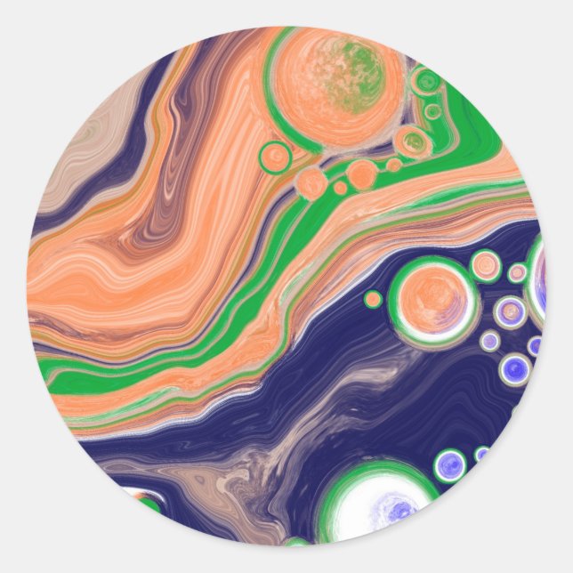 Adesivo Redondo Arte Fluida de Pintura Azul, Coral e Verde (Frente)