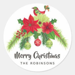 Adesivo Redondo Arte Folclórica Natal Floral Aquarela