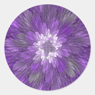 Adesivo Redondo Arte fractal abstrata de flor roxa psicodélica