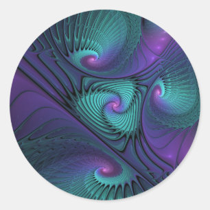 Adesivo Redondo Arte fractal abstrata moderna em roxo e turquesa