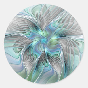 Adesivo Redondo Arte fractal de fantasia de borboleta azul verde a