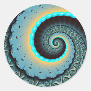 Adesivo Redondo Arte fractal espiral azul turquesa abstrato laranj