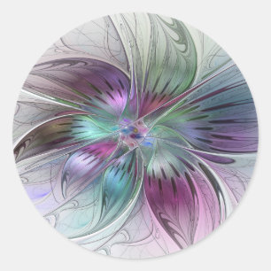 Adesivo Redondo Arte fractal floral moderna abstrata colorida
