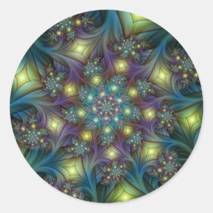 Adesivo Redondo Arte fractal roxa azulada abstrata iluminada brilh