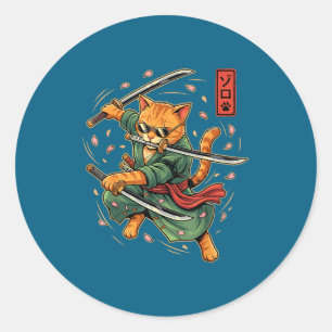 Adesivo Redondo Arte Japonês de Anime Samurai Gato Três Espadas 