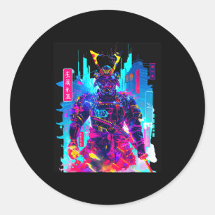 Adesivo Redondo Arte japonesa de samurai neon cyberpunk