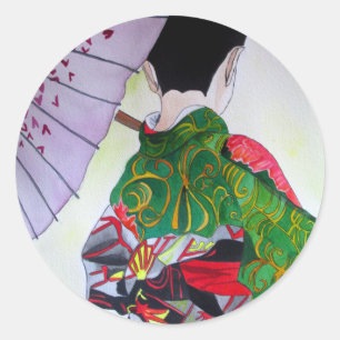 Adesivo Redondo Arte japonesa Geisha com kimono e guarda-chuva