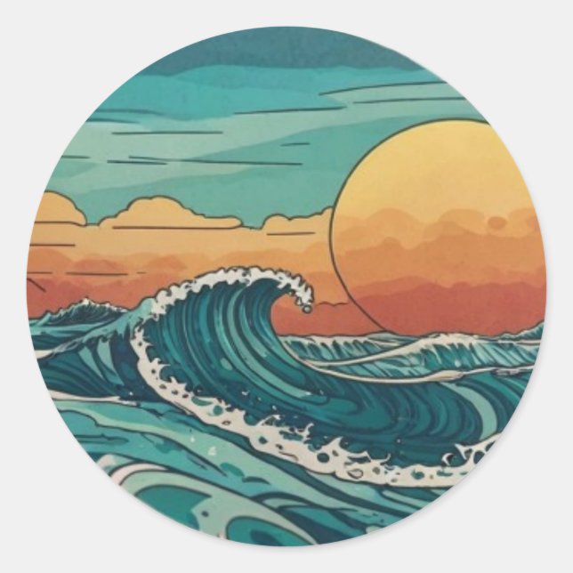 Adesivo Redondo Arte Japonesa Sol e Surf (Frente)