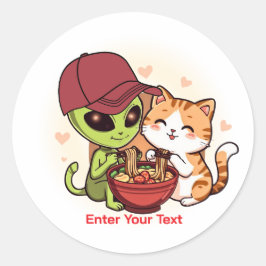 Adesivo Redondo Arte Kawaii de Alien e Gato Compartilhando Ramen