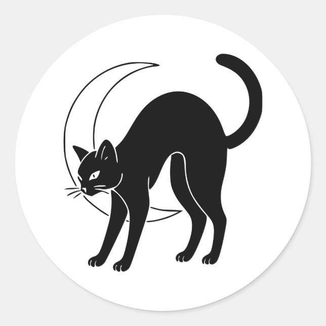 Adesivo Redondo Arte Linear de Gato Preto e Lua Crescente (Frente)