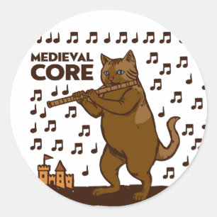 Adesivo Redondo Arte Medieval do Gato Engraçado Tocando Flauta