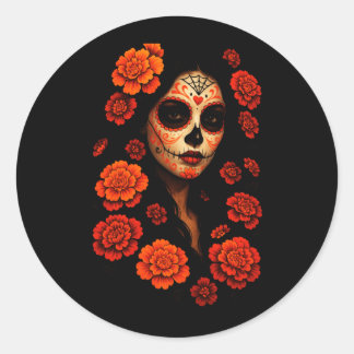 Adesivo Redondo Arte Mexicano de Crânio de Açúcar - La Catrina Mas