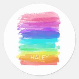 Adesivo Redondo Arte Moderna do Rainbow Watercolor Nome Colorido