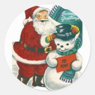 Adesivo Redondo arte natalina de Papai Noel vintage de neve de inv