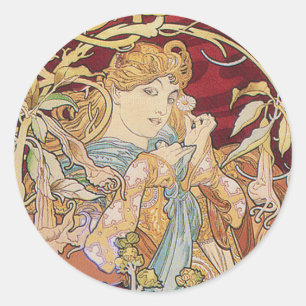 Adesivo Redondo Arte Nouveau de Mucha: Mulher com margarida