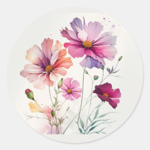 Adesivo Redondo Arte Original Aquarela Jardim Flor Cosmos