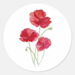 Adesivo Redondo Arte Original Aquarela Jardim Flor Papoula Vermelh