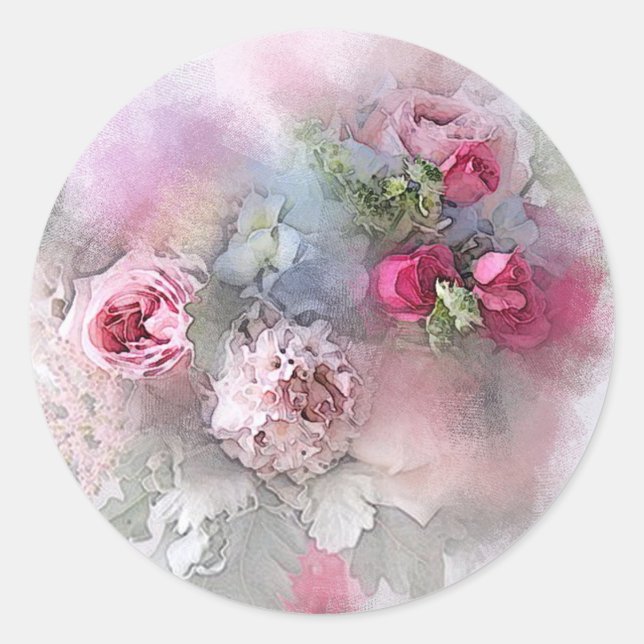 Adesivo Redondo Arte Personalizada Aquarela Rosas Rosa Vermelho Em (Frente)