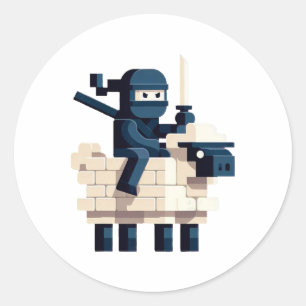 Adesivo Redondo Arte Pixel de Personagem Ninja Montando Ovelha em 