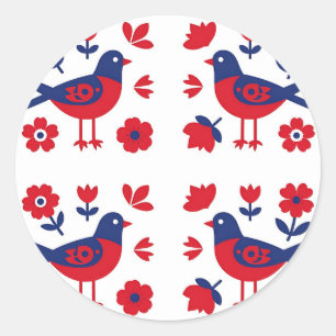 Adesivo Redondo Arte Popular Padrão Floral Pássaro Azul Vermelho